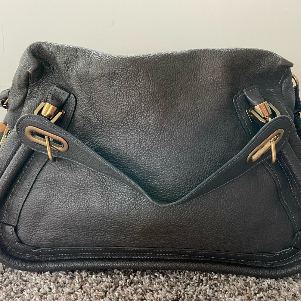 Chloe Gray Shoulder Bag with Gold Hardware and Pebbled Leather